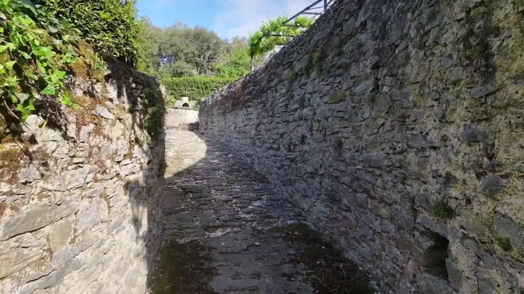 Filmed with a drone: between old stone walls, up the steps to the terrace with the pizza oven, the roses and the pool.