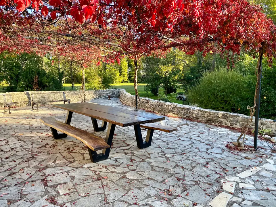 The long table under the pergola in autumn, the vine leaves deep red.